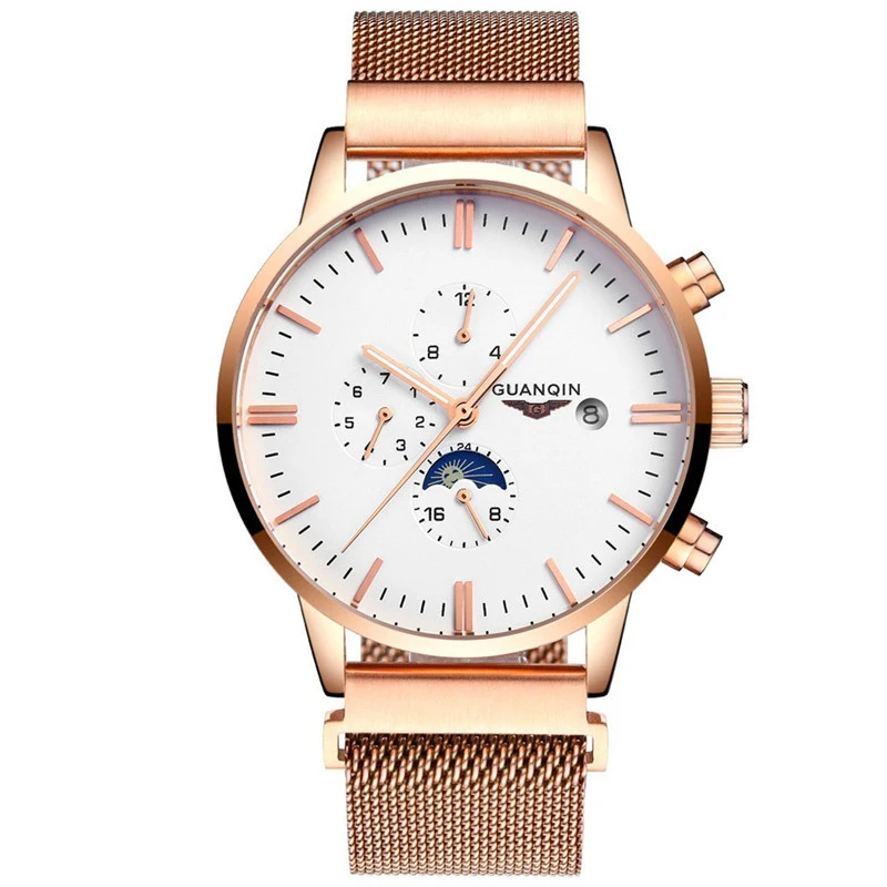 

GUANQIN GJ16045 2017 Watches Luxury Brand Moon Phase Multi Function Automatic Men Watch Gold Mesh Steel Band Mechanical Watch