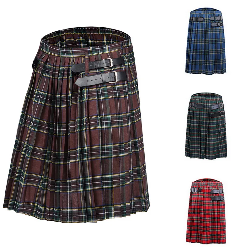 Shujin шотландский мужской Kilt традиционный ремень в клетку плиссированная цепь двусторонний коричневый готический панк шотландский клетчатый брюки юбки