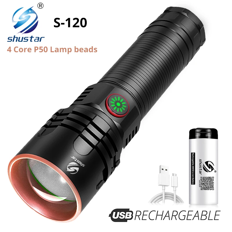 US $10.99 Super Bright 4Core P50 LED Flashlight 4 Lighting Modes Telescopic Zoom Support One Key To Close Suitable For Outdoor
