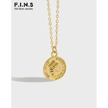 

F.I.N.S S925 Sterling Silver Necklace Retro Geometric Round Portrait Coin Pendants for Women Two-tone Clavicle Chain Necklace
