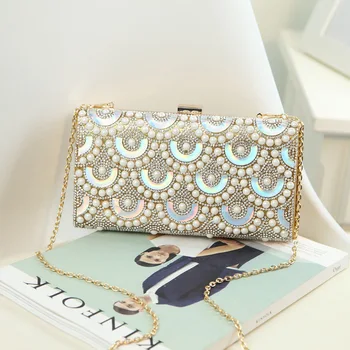 

summer new pearl diamond evening bag hand handbag shoulder diagonal geometric pattern chain small square package fashion handba