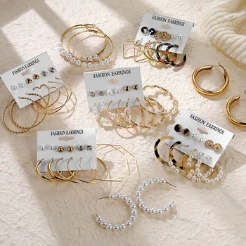 

EN Pearl Hoop Earrings For Women Clip On Ear Rings Geometric Pendientes Round Circle Earring Set Brincos Korean Fashion Jewelry