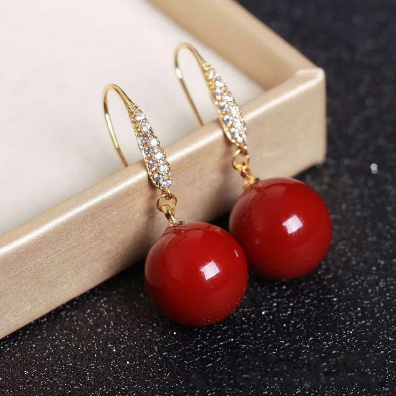 

Natural Deep-Sea Organic Ruby Earrings 14k Gold Drop Earrings Women Red Round 14mm Beads Ruby Fine Jewelry with Certificate