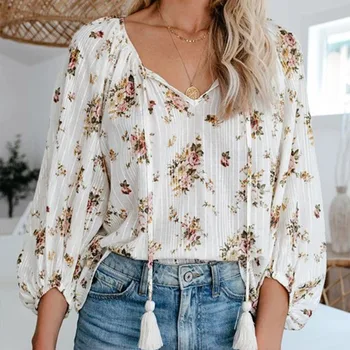 

Plus Size Floral Print Women's Blouse Summer Tassel Lantern Sleeve V-neck Blouses Female 2020 Casual Vintage Lace Up Ladies Tops