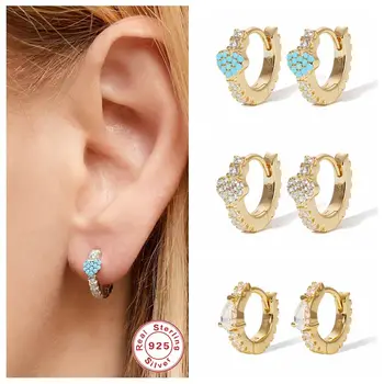 

100% 925 Sterling Silver Earring Korean INS Bling Turquoise Hoops Earring For Woman Ladies Personalized Waterdrop CZ Pendientes