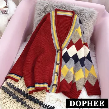 

2019 New Lazy Wind Woman Red Sweater Autumn and Winter V-neck Thick Knitted Cardigan Coat Diamond Pattern Knitwear Jacket