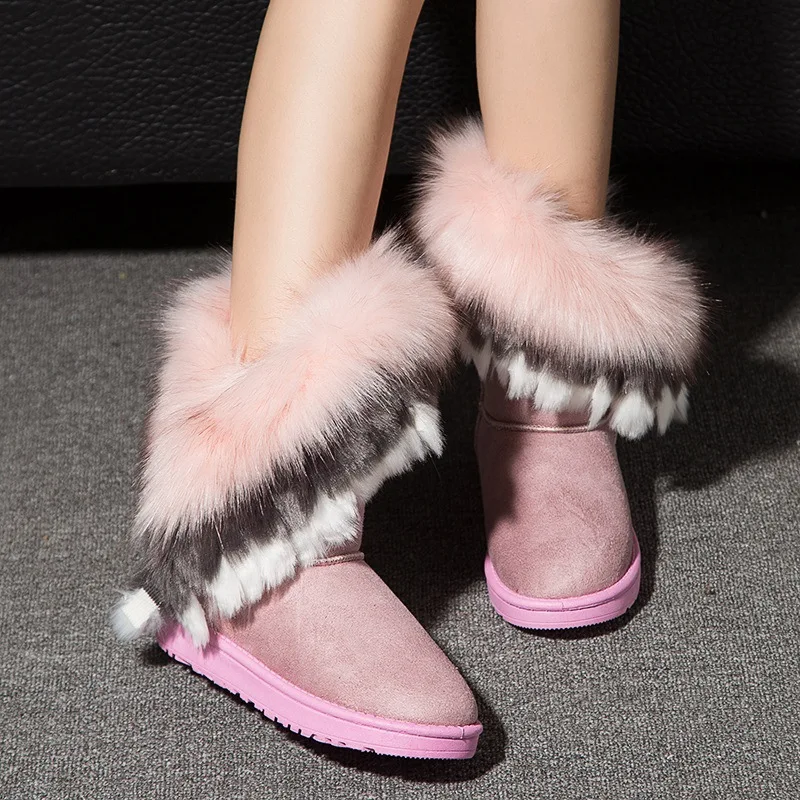 Женские зимние ботинки; Зимние ботильоны с искусственным мехом; женские ботинки без застежки на плоской подошве; пикантная теплая обувь на платформе; chaussures femme; - Цвет: pink