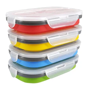 

Friendly Silicone Folding Lunch Box With Fork Retractable Picnic Lunch Box Food Container Portable Bowl Red/Green/Blue/Yellow