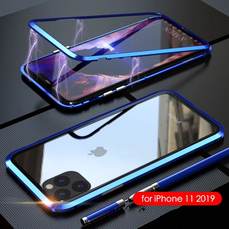 Blue Роскошный Магнитный адсорбционный задняя крышка для iPhone 11 закаленное стекло встроенный Магнит чехол для iPhone 11 металлический бампер чехол - Цвет: Blue