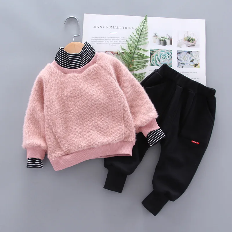 

Korean-style 2019 Winter New Style Children Baby High Collar Thick Solid Color Sweater Hoodie Two-Piece Set