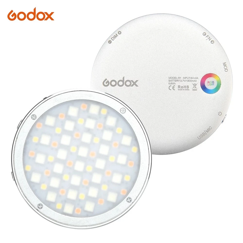 

Godox R1 Round RGB Mini Creative Light LED Video Light Fill Light 2500K-8500K CRI 98 for Video Recording Microfilms Still Life