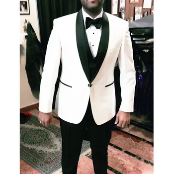

White Wedding Groom Tuxedos Black Shawl Lapel Men Suits Three Piece Custom Made Men Suit New Arrival (Jacket+Vest+Pants)