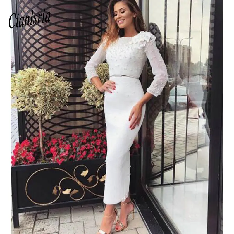Black Cocktail Dress Long Sleeves Sheath Beaded Round Neck Tea Length Flowers Plus Size Women Formal Gala Dresses Party Gowns