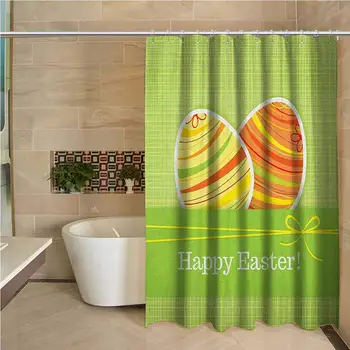 

Easter Precision Custom Shower Curtain Colorful Eggs with Stripes on a Green Checkered Squares Background Festive Banner Modern