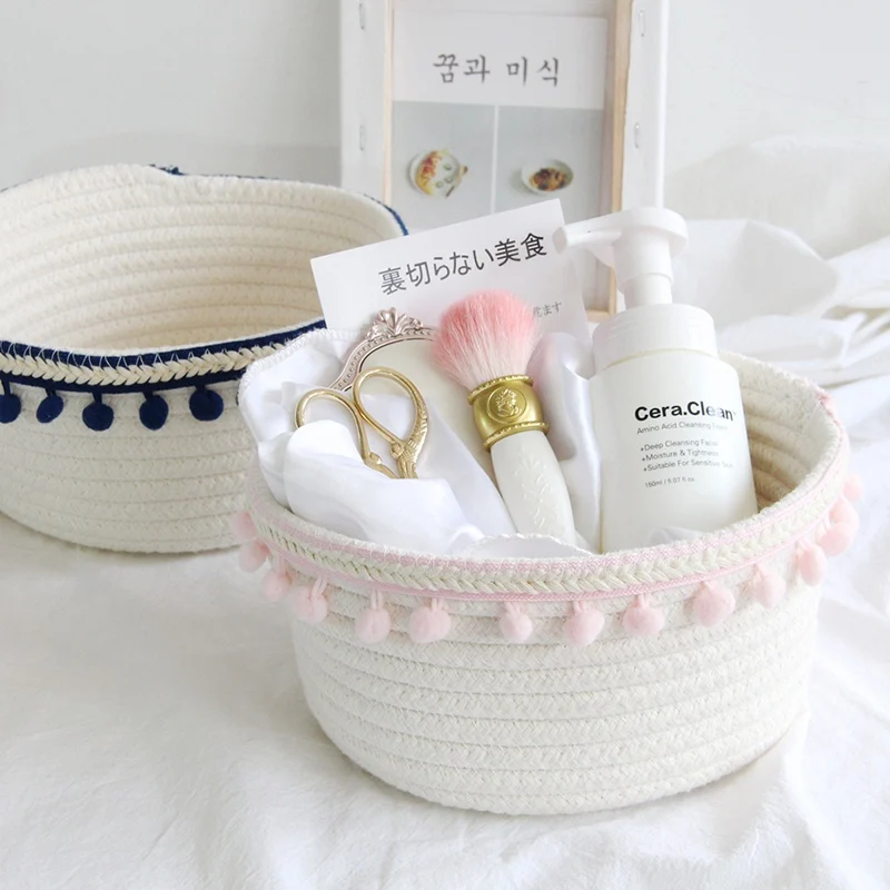 Household Unique Woven Wool Ball Storage Basket Home Decoration Cotton Thread Storage Basket White Laundry Basket