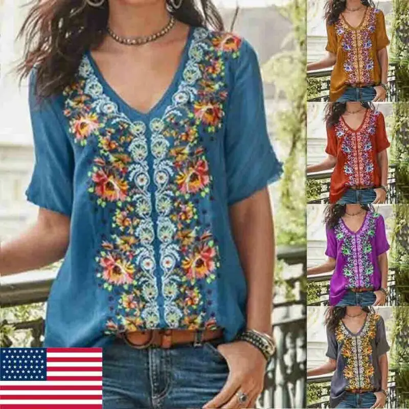 

Summer Women Fashion Boho Embroidered V-Neck Shirt Short Sleeve Loose Floral Print Trendy Shirts Casual Girls