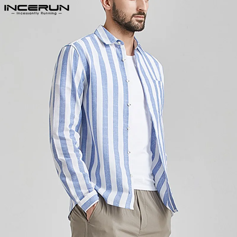 INCERUN в полоску брендовая рубашка Для мужчин c воротником; на пуговицах; модная деловая, общественная базовые рубашки Для мужчин Уличная одежда с длинным рукавом Camisa
