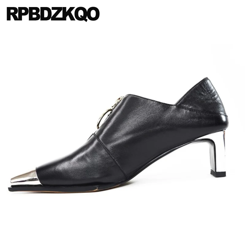 pointed toe pumps chunky size 33 sandals luxury brand shoes women fashion zipper new patent leather black mules slipper block