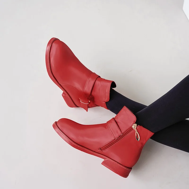 EGONERY/Милая женская обувь на плоской подошве зимние женские ботинки на молнии; Цвет фиолетовый, розовый, красный; ботильоны с круглым носком; Прямая ; размеры 32-39 - Цвет: red