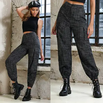 

2019 Women Vintage Loose Plaid Casual High Waist Black Slim Fit Long Pants Skinny Cargo Trousers Sport Sweatpants