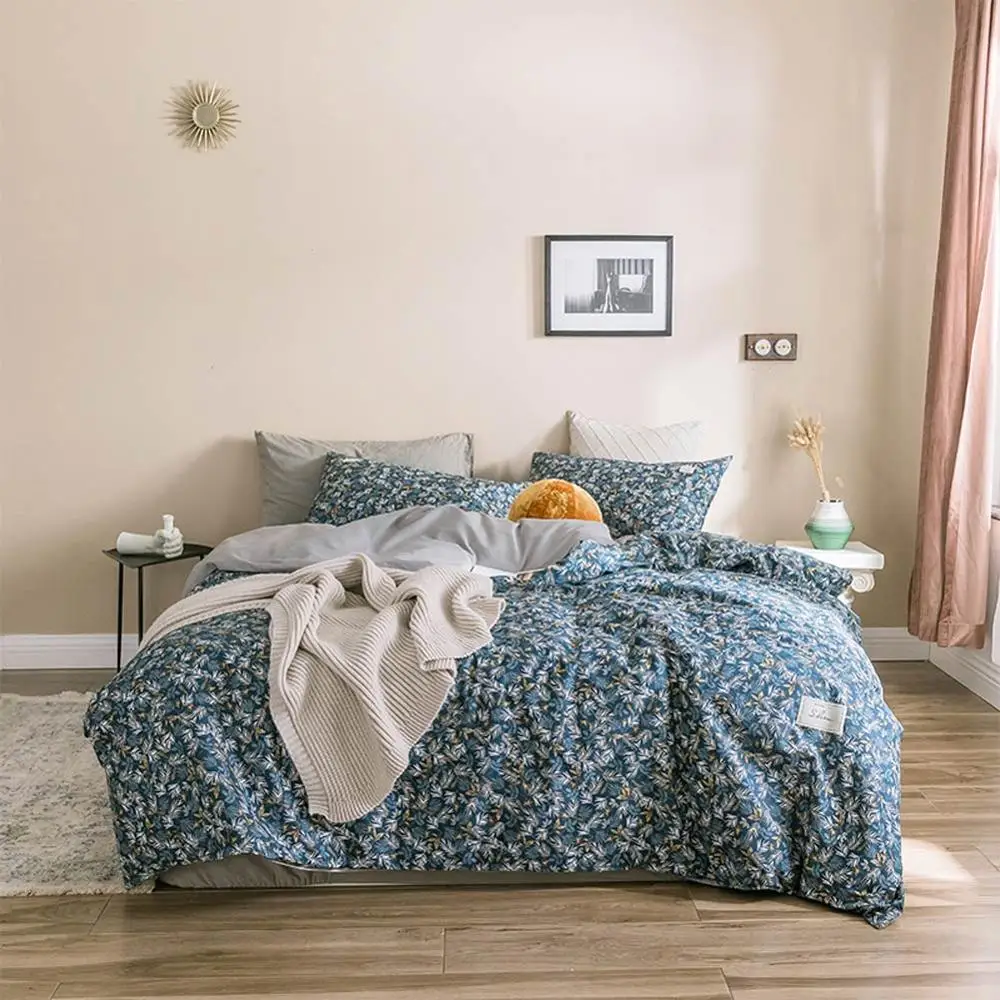 

Nordic Floral Leaves Blue Bedding Sets Twin Queen King Flat Sheet Fitted Sheet High Count Cotton Bedlinens Duvet Cover Set