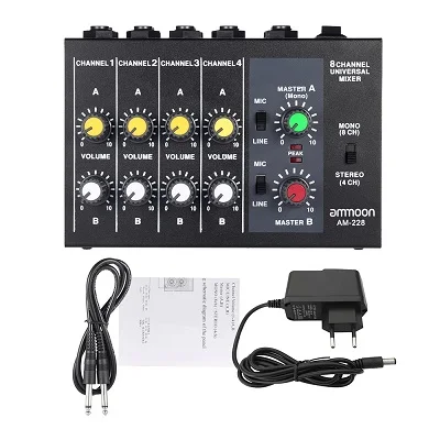 EU Plug Ammoon AM-228 ультра-компактный микшерный пульт низкий уровень шума 8 каналов Металл Моно Стерео Аудио Звук микшер с адаптером питания кабель - Цвет: EU Plug