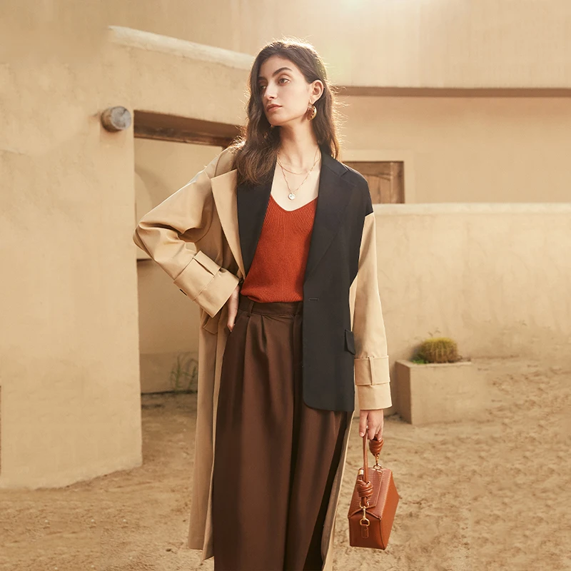 [EAM] Women Khaki Irregular Split Big Size Trench