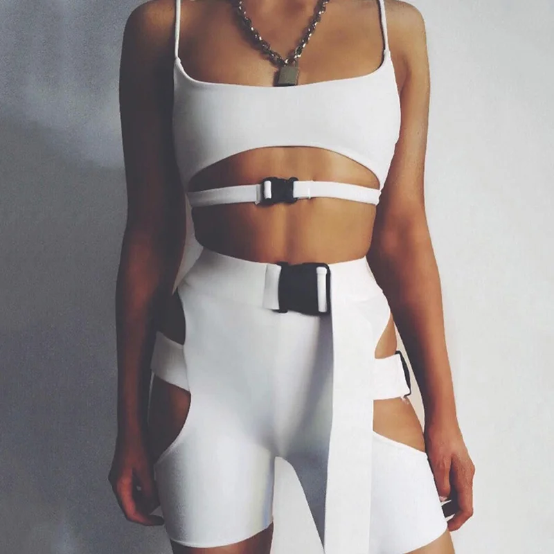 

Neon Color Two Piece Set For Women Crop Tops And Shorts Set Tracksuit Women Summer Hollow Buckle Biker Shorts Sexy Club Outfits