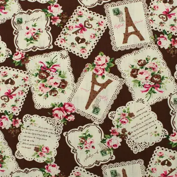 

1 yard Ripstop Cotton Linen Fabric for sewing pathwork, bedding, hadmaking, Rose and tower on brown background (width=135cm)