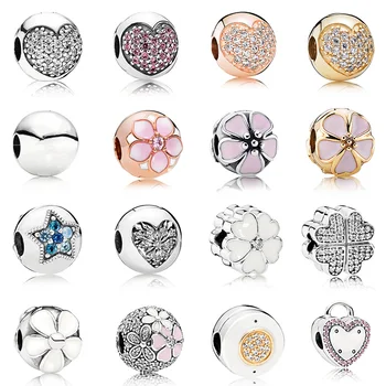 

16 Style 925 Sterling Silver Love Heart Flower Rose Gold Stopper Beads Charms For Women Pnandora Bracelets Charm