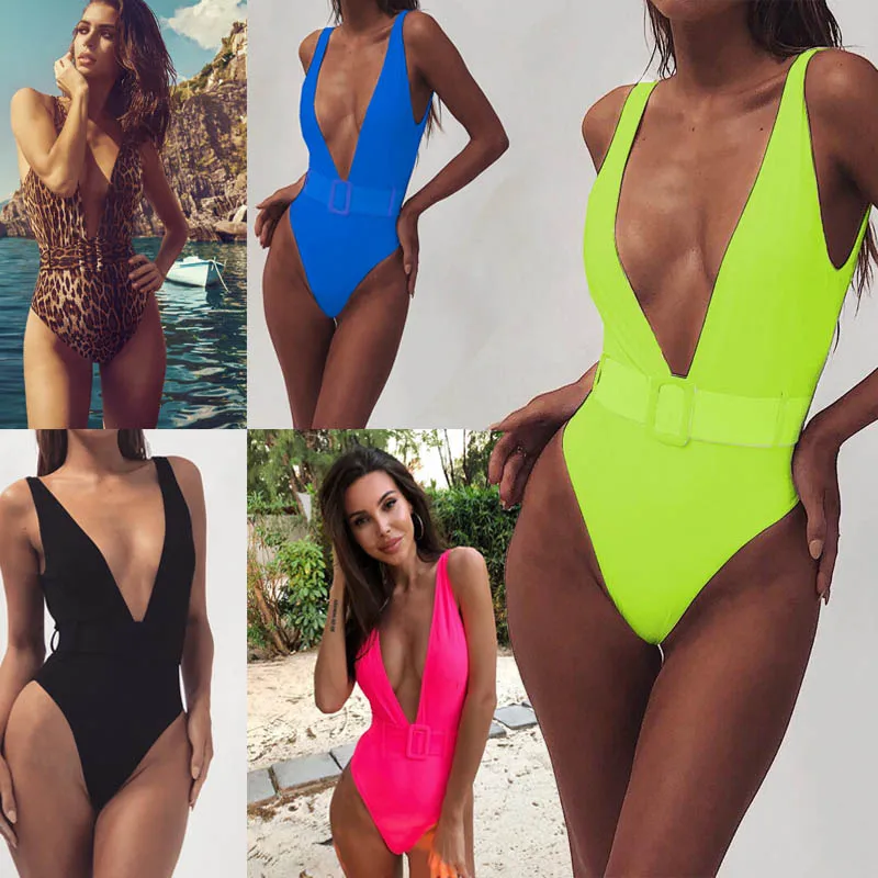 

Solid Biquini Plus Size Swimwear Pure Deep V Backless One Piece Swimsuit With Belt Body Swimming Suit for Women Bathing Suit