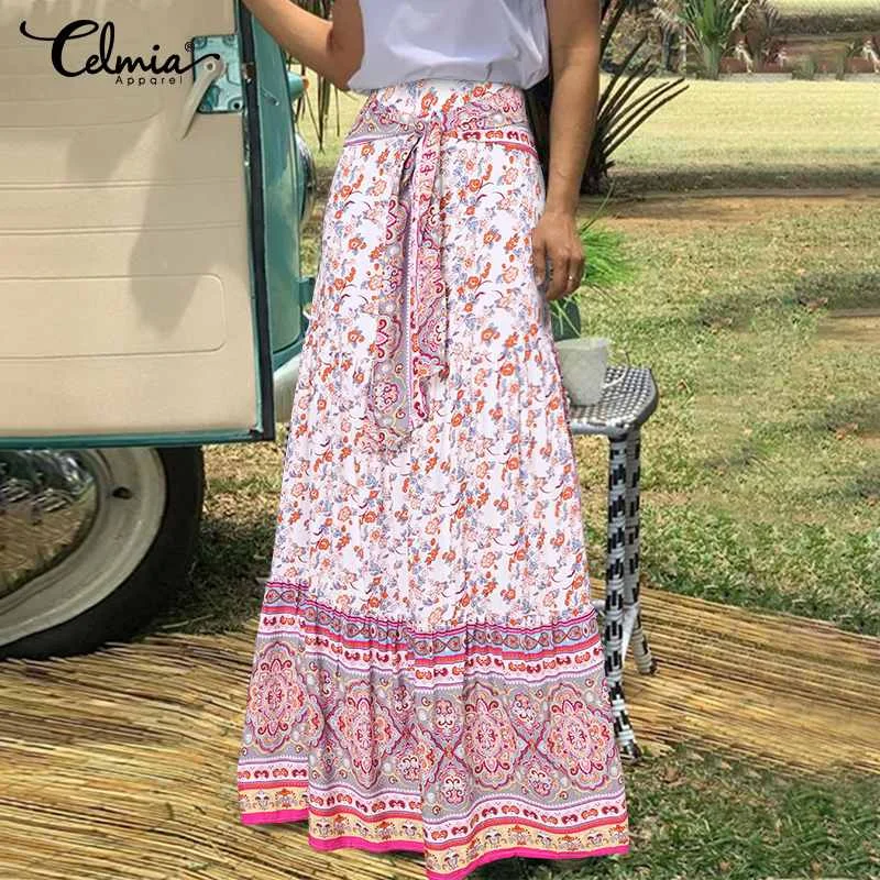 largas para mujer, Falda plisada con estampado de flores, elegante, cintura alta, 2021 - AliExpress