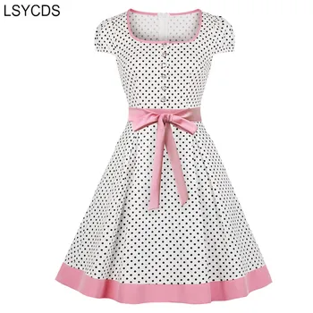 

LSYCDS Cap-Sleeve Retro Dresses Square Neck Pocket Side Button Pinup Polka-Dot Elegant White Women 50s Vintage Dress