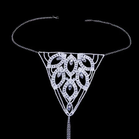 Thong Дизайн, листообразные Стразы, сексуальное нижнее белье для женщин, набор бюстгальтеров и трусиков, роскошный Кристальный бюстгальтер на цепочке, бикини, прозрачные трусики-стринги - Окраска металла: Thong