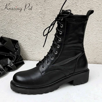 

krazing pot cow leather lace up winter motorcycle boots round toe thick med heels European casual top quality ankle boots l73
