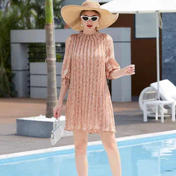 

Fashion High End Women's 2020 Summer Print New Pleated Slim Round Neck A-line Bubble Sleeve Dress Elegant Mini Pink Dress