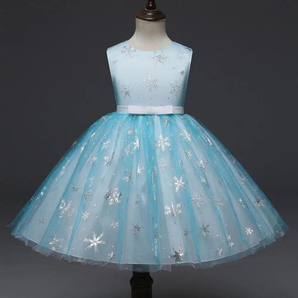 

Girl Princess Fancy Dress Elsa Snowflakes Costume Party Dress Gown Lace Flower Christmas Dress