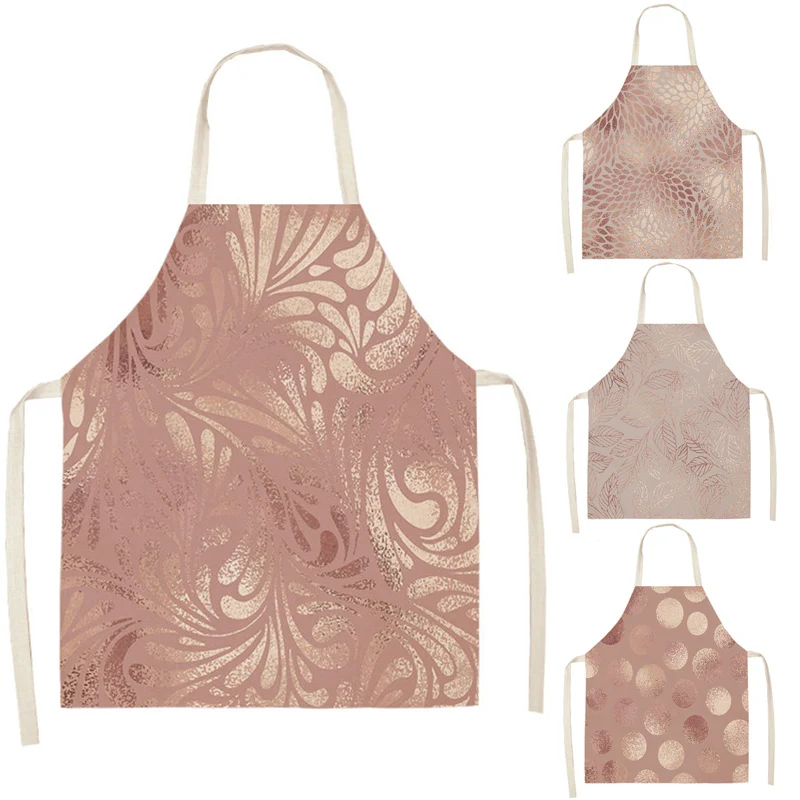Rose Gold Geometric Printed Kitchen Aprons for Women Man Home Cooking Baking Shop Cleaning Cotton Linen Apron
