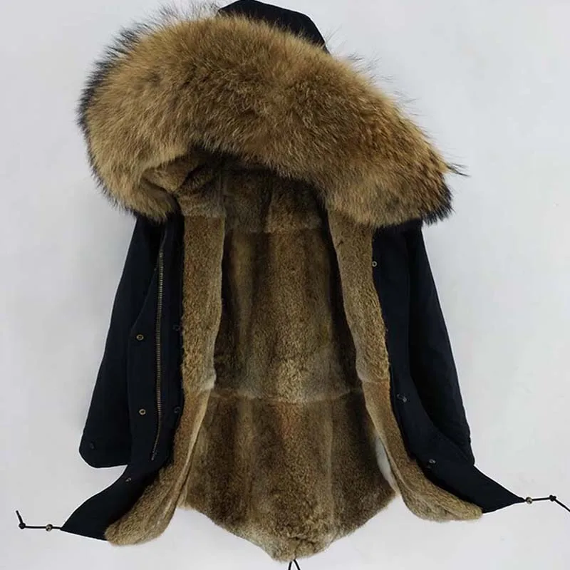 black coat long Мужская зимняя куртка натуральный большой енот меховой воротник с капюшоном куртка с натуральным кроличьим мехом подкладка пальто толстый помпон из натурального меха пальто - Цвет: black coat long