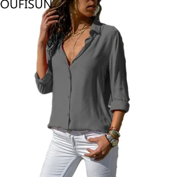 

Oufisun 2020 Summer New Hot Womens Full Sleeve Loose Blouses Fashion V-neck Button Cardigan Shirts Casual Solid Femme Shirts Top