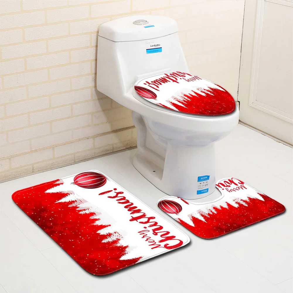 Zeegle 3pcs Bath Mat Set Merry Christmas Mat for Toilet Decor Anti Slip Bath Mat Floor Mat Washable Toilet Rug Lid Toilet Cover