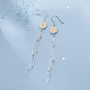 

MIQIAO Lotus Silver Earrings 925 Hanging Chain Jewelry Drop Female Korean Fashion Elegant Flowers Tassel Women Ear Ornaments