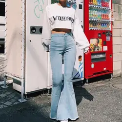 2019 Модные Винтажные женские джинсы женские Ретро рваные джинсы Широкие брюки женские случайный звонок-Брюки расклешенные брюки женские
