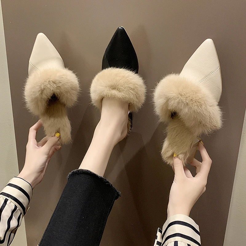 

Square heel Slippers Fur Cover Toe Shoes Woman 2019 Med Luxury Slides Mules Women Shallow Block Plush Soft New Designer Rubber
