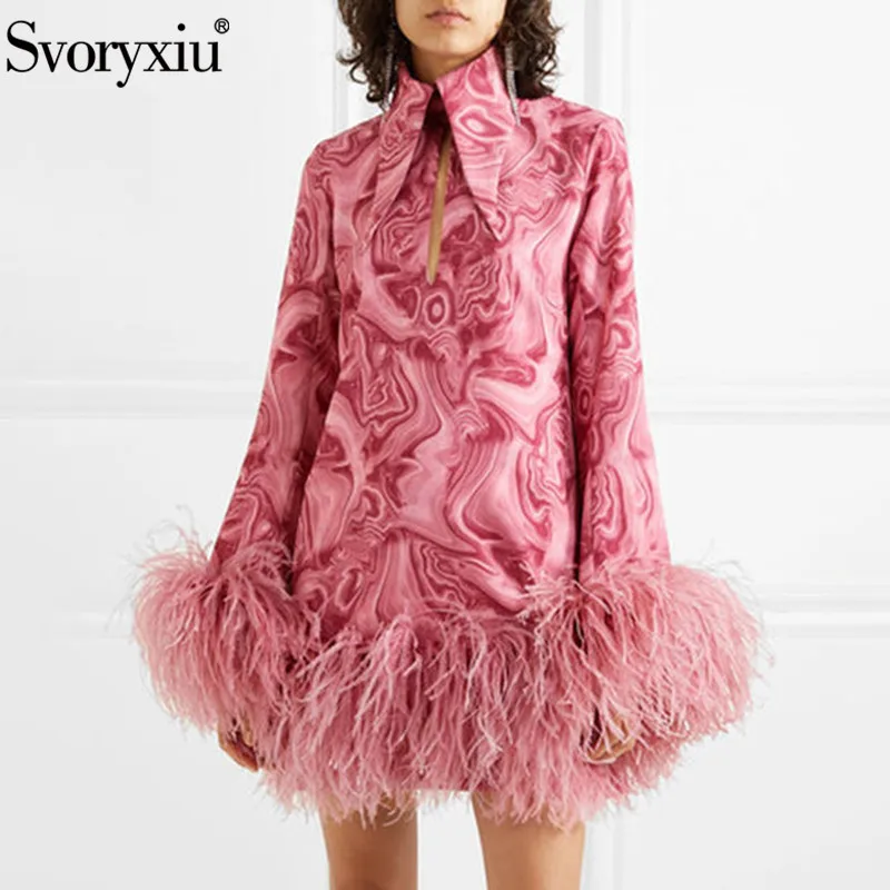 Svoryxiu Runway Autumn Winter Print Patchwork Feathers Dress Women's Lapel Collar Long Sleeve Tassel Party Mini Dresses
