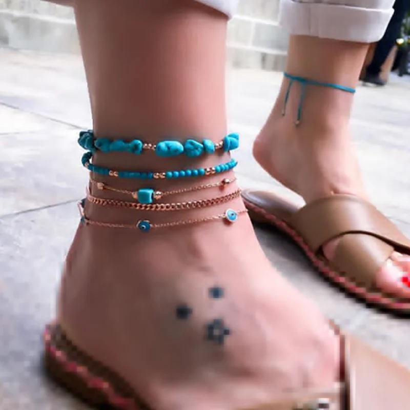 

Tocona Boho Blue Stone Beaded Eye Anklet Set for Women Adjustable Multilayer Chain Foot Chain Statement Jewelry AccessorieA03503