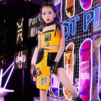 

New Style Girls Street Dance Tide Dress Children Hip Hop Handsome Suit Kids Jazz Dance Performance Stage Yellow Costume DQL2427