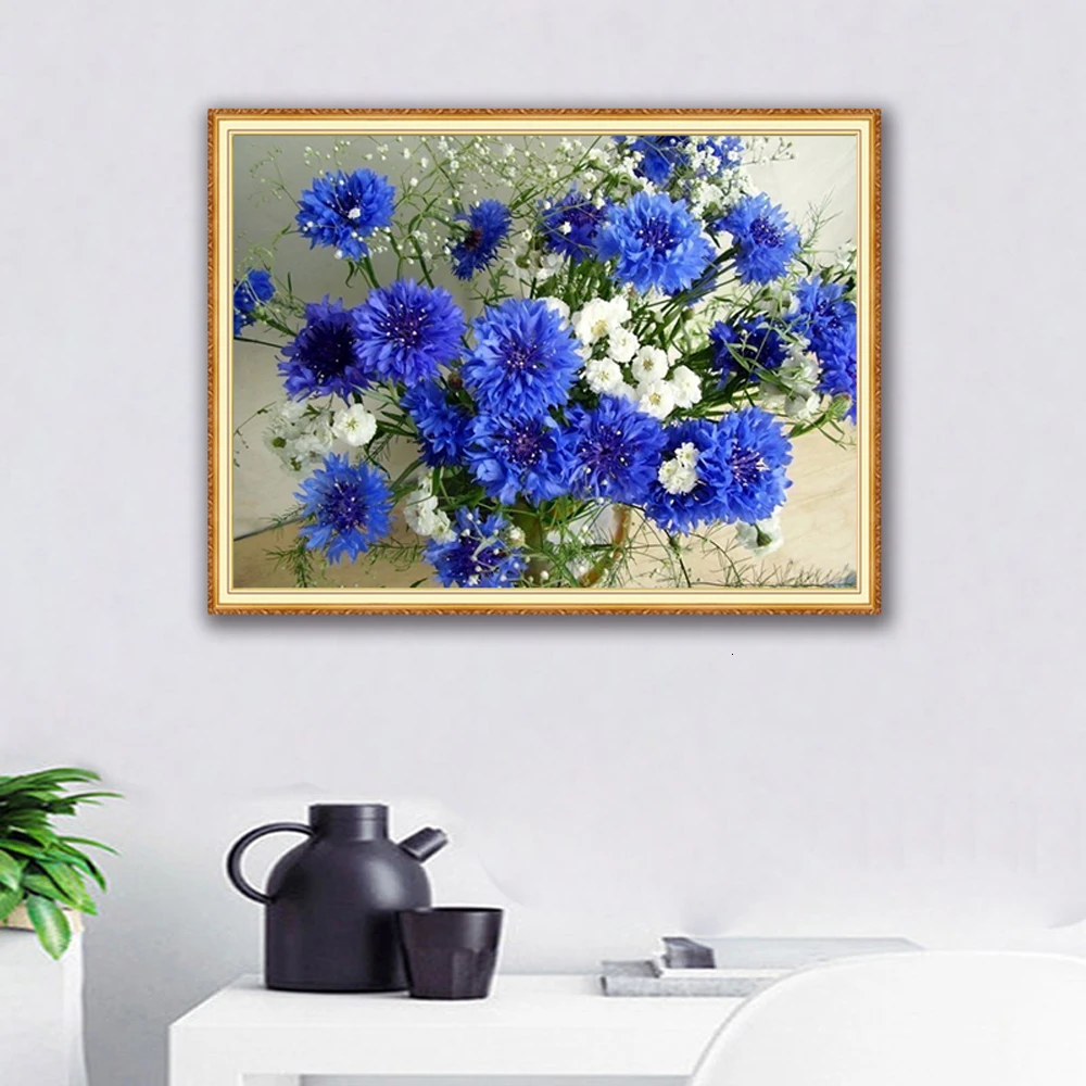 

MIAODU 5D Diamond Full DIY Diamond Mosaic Embroidery White And Blue Flowers Embroidered Cross Stitch Decoration for Gift House