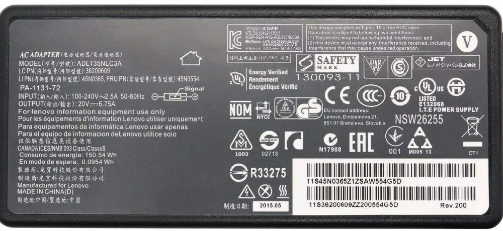 Huiyuan подходит для ноутбука 135 Вт 20 в 6.75A адаптер переменного тока для lenovo IdeaPad Y50 ADL135NDC3A 36200605 45N0361 45N0501 Y50-70-40 t540p