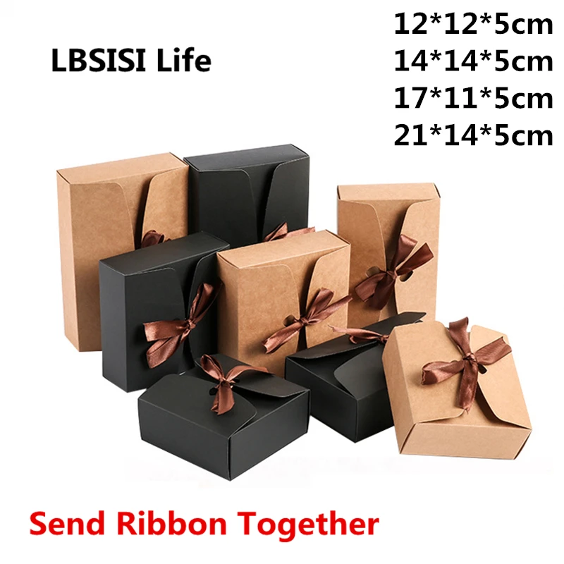 

LBSISI Life 10/30pcs Gift Box Jewelry Candy Christmas Wedding Favor Kraft Black Boxes With Ribbon Cookie Packing